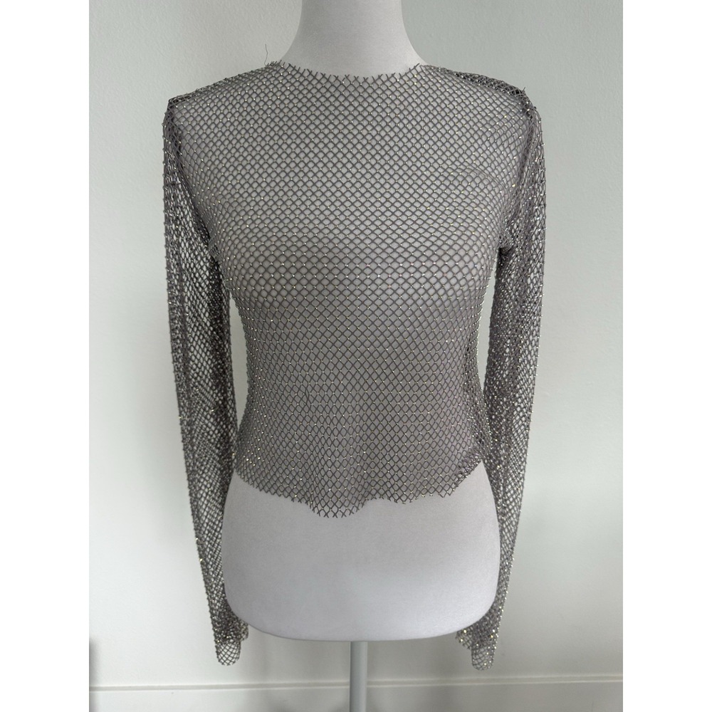 Women's Bershka Sheer Long Sleeve Festival Rave Crop Top Shirt Size XS-S